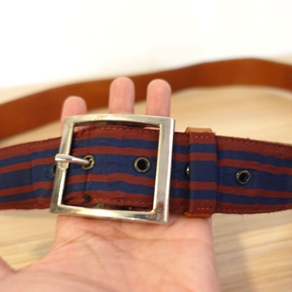 Belt Leather Buckle 36 Brown‎ Blue Red Striped Preppy Adult Fabric Nylon Classic - Picture 4 of 11